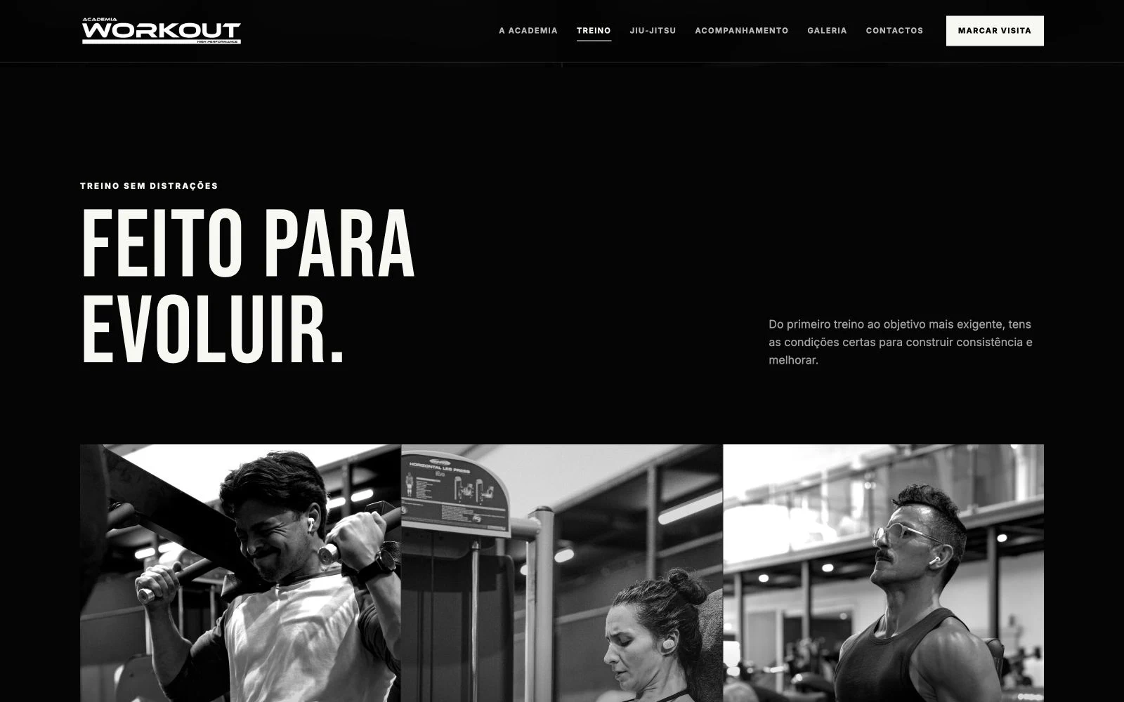 Secção de treino do website Academia Workout